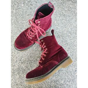 DR MARTENS 'Page' Womens Burgundy Velvet Combat Lace-Up Boots Sz 6 EU 37